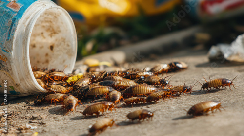 A Close-Up View of Brown Cockroaches Gathering Around a Spilled Container on a Dirty Surface in an Urban Environment, Depicting Pests Infestation and Hygiene Issues