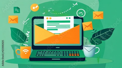 Laptop with Email Notifications and Leaves on Green Background