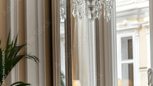 Elegant room decor with hanging crystal chandelier for interior design magazine, showcasing opulent, stylish interior and refined atmosphere