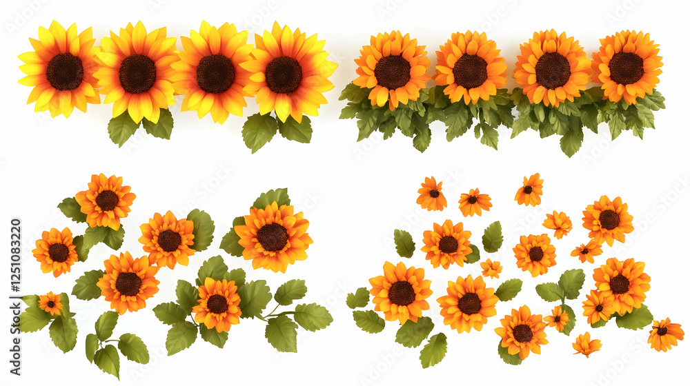Festive sunflowers arranged as borders and groupings, on white. Floral decorations, sunny accents for invitations and greetings background Festive sunflowers arranged as borders and groupings, on white. Floral decorations, sunny accents for invitations and greetings background