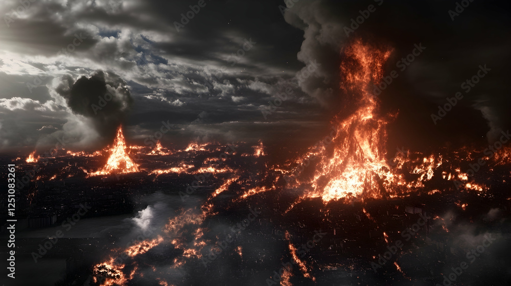 Fiery landscape with inferno and storm clouds. Dramatic background for news, movies, posters, gaming, and apocalyptic themes Fiery landscape with inferno and storm clouds. Dramatic background for news, movies, posters, gaming, and apocalyptic themes