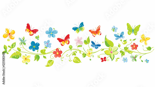 Floral border with flowers and butterflies, creating a cheerful, springtime pattern for backgrounds, designs, or decorative use