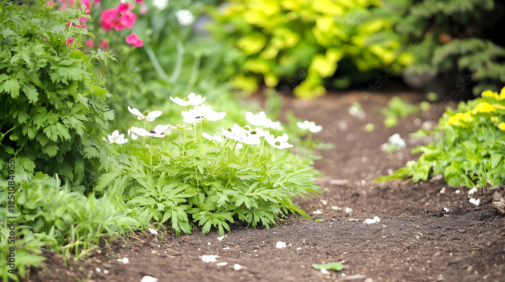 Garden path with white flowers surrounded by vibrant greenery; idyllic landscape perfect for illustrating nature's beauty Garden path with white flowers surrounded by vibrant greenery; idyllic landscape perfect for illustrating nature's beauty
