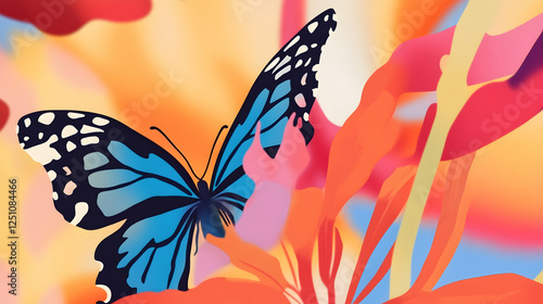 Graphic blue butterfly with open wings on an orange flower with an abstract background. Good for environmental campaigns or posters photo