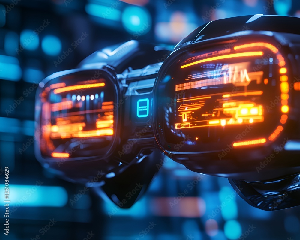 Close-up of futuristic VR goggles glowing with interactive displays and a tech-inspired backdrop