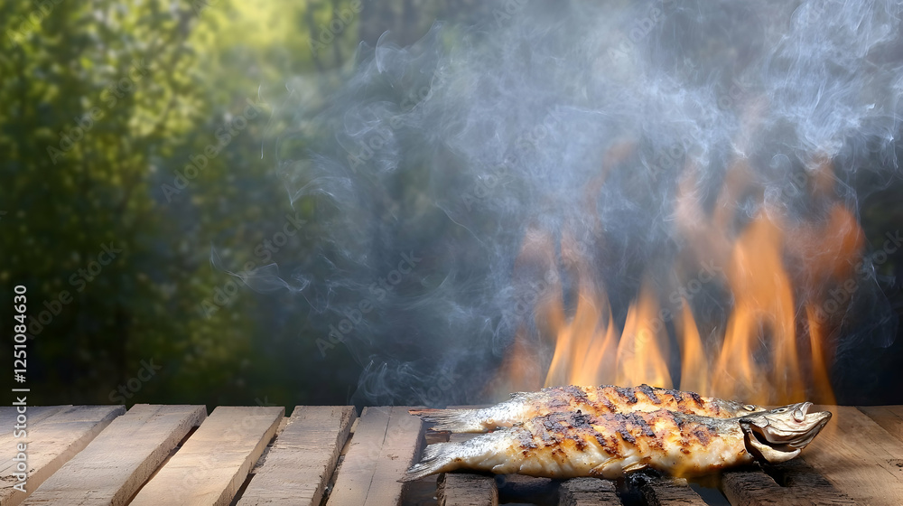 Grilled fish cooking over a fire on a wooden table with forest background. Food for outdoor picnics and cooking Grilled fish cooking over a fire on a wooden table with forest background. Food for outdoor picnics and cooking