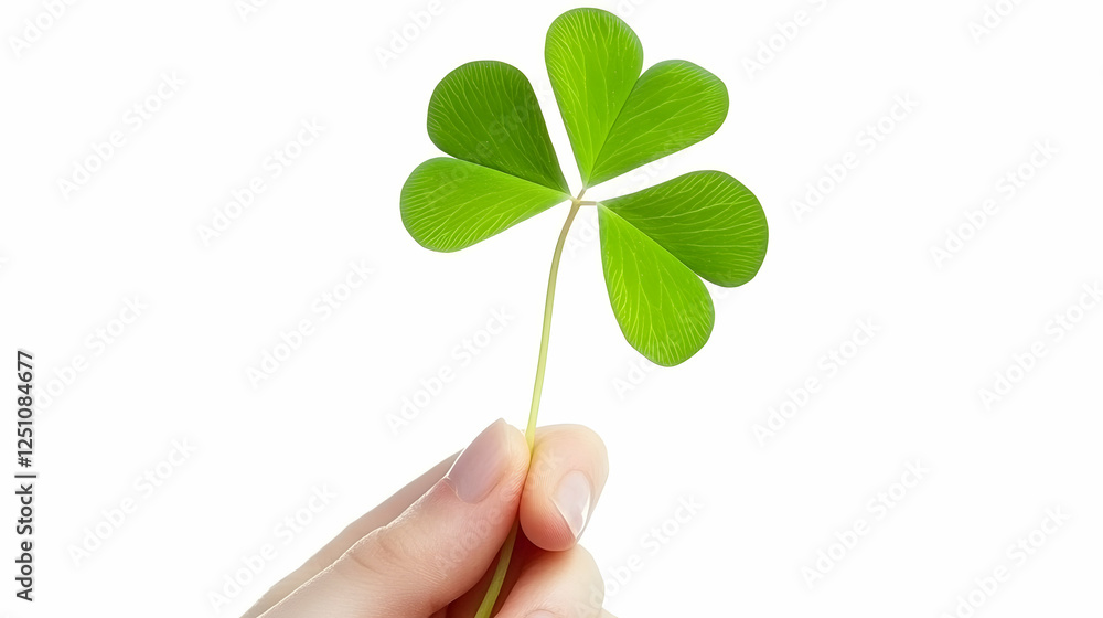 Hand holding a vibrant green four-leaf clover against a pristine white background, symbolizing luck, hope, or a botanical illustration Hand holding a vibrant green four-leaf clover against a pristine white background, symbolizing luck, hope, or a botanical illustration