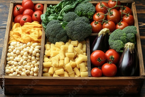 Assorted Fresh Vegetables And Pasta In Wooden Box photo