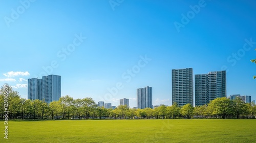 Fototapeta Naklejka Na Ścianę i Meble -  City park green grass sunny day skyscrapers background