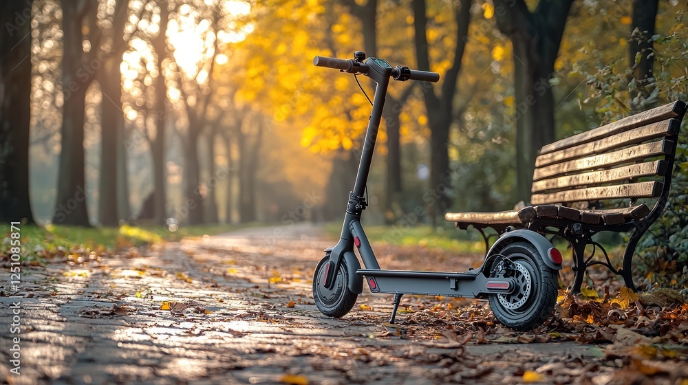 Electric scooter parked beside a bench in a tranquil autumn park with fallen leaves Electric scooter parked beside a bench in a tranquil autumn park with fallen leaves
