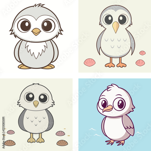 Cartoon Owl, seagulls and puffins with Seashells, Whimsical with Seashells Illustration
