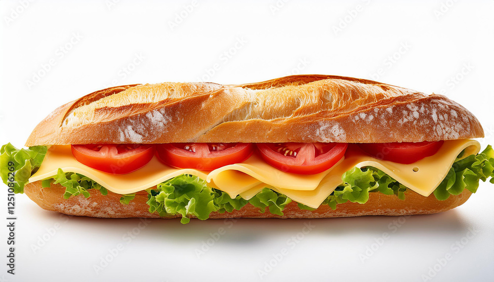 golden baguette sandwich with crisp lettuce sliced tomatoes and melted cheese isolated on white golden baguette sandwich with crisp lettuce sliced tomatoes and melted cheese isolated on white