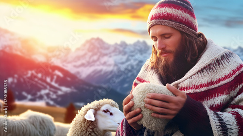 Man lovingly holds sheep in mountains as sun sets, representing caring, nature connection, rural life, and spiritual themes photo