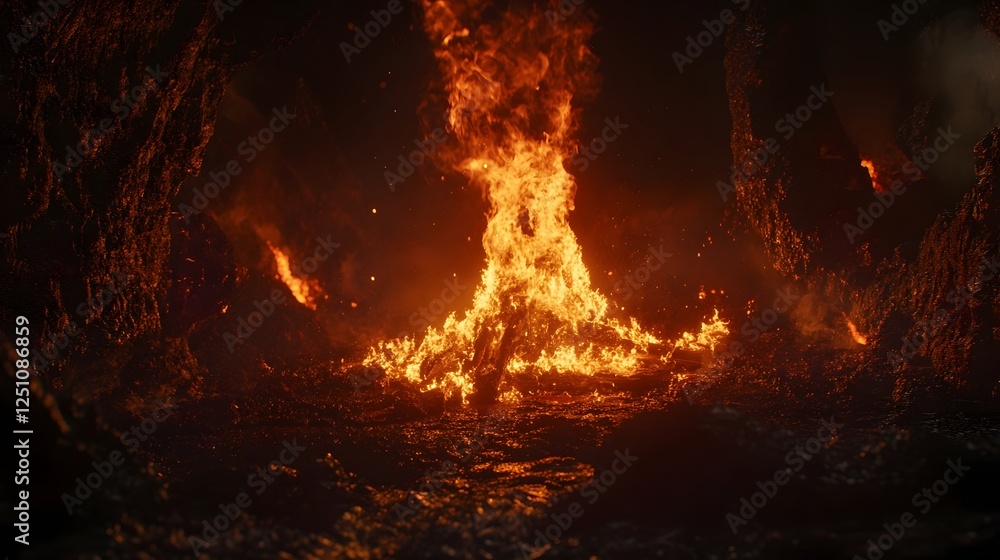 Dramatic and intense scene of a powerful volcanic eruption with fiery flames scorching lava Dramatic and intense scene of a powerful volcanic eruption with fiery flames scorching lava