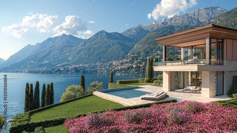 Fototapeta premium Luxurious lakeside villa with stunning mountain views and vibrant gardens