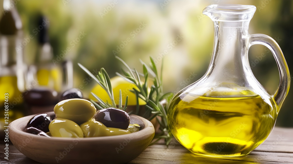 Olive oil being poured over bowl of fresh olives with green garden background. Ideal for food, Mediterranean cuisine and healthy lifestyle Olive oil being poured over bowl of fresh olives with green garden background. Ideal for food, Mediterranean cuisine and healthy lifestyle