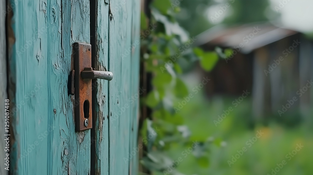 Old blue door with peeling paint, rustic handle. Rural landscape, green vegetation behind. Possible use home improvement, garden Old blue door with peeling paint, rustic handle. Rural landscape, green vegetation behind. Possible use home improvement, garden