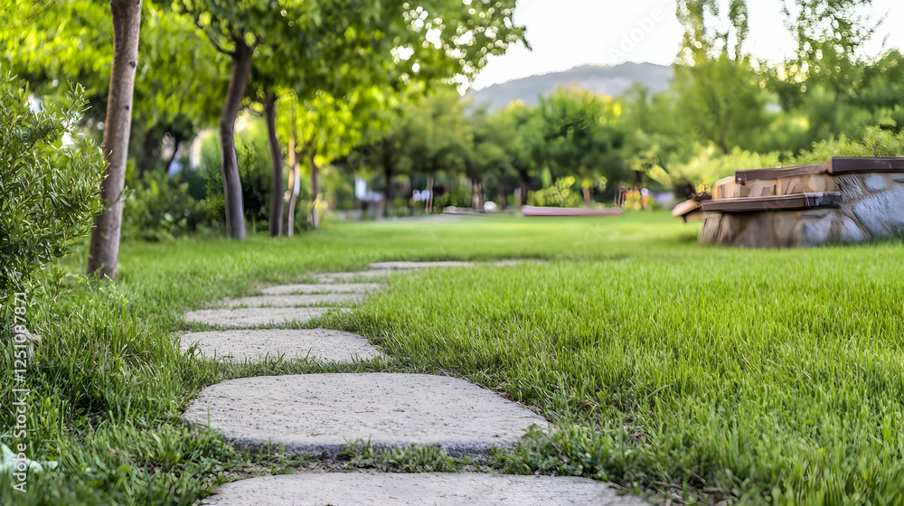 Pathway of stone slabs across a lawn in garden leading to green grass and trees, idyllic garden, calm sunny day Pathway of stone slabs across a lawn in garden leading to green grass and trees, idyllic garden, calm sunny day