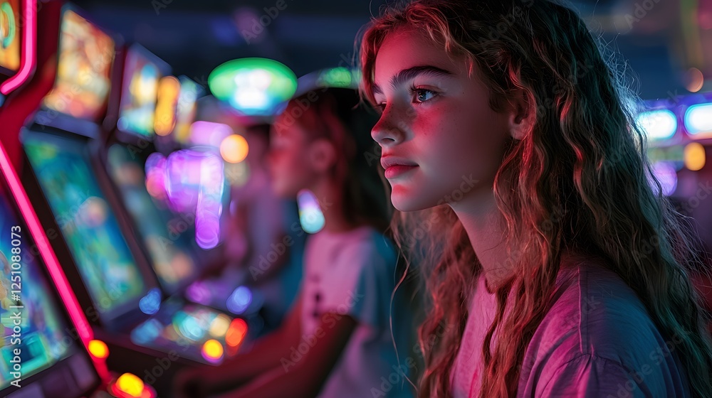 A group of teens playing arcade games, their neon outfits glowing under the machine lights A group of teens playing arcade games, their neon outfits glowing under the machine lights