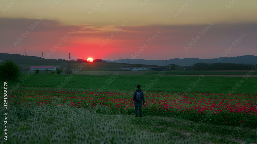 Person standing in poppy field at sunset, with horizon line buildings in background. For travel blogs or scenic websites Person standing in poppy field at sunset, with horizon line buildings in background. For travel blogs or scenic websites