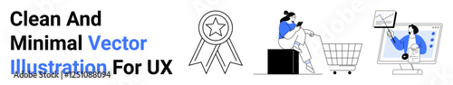 Ribbon badge, seated shopper using a device near a cart, professional pointing to screen with charts. Ideal for e-commerce, UX design, analytics, achievement, technology, shopping UI flat landing