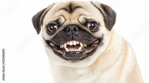 Pug's happy face showing teeth. Smiling pet portrait against white background. Perfect for pet adoption, dental health or funny meme photo