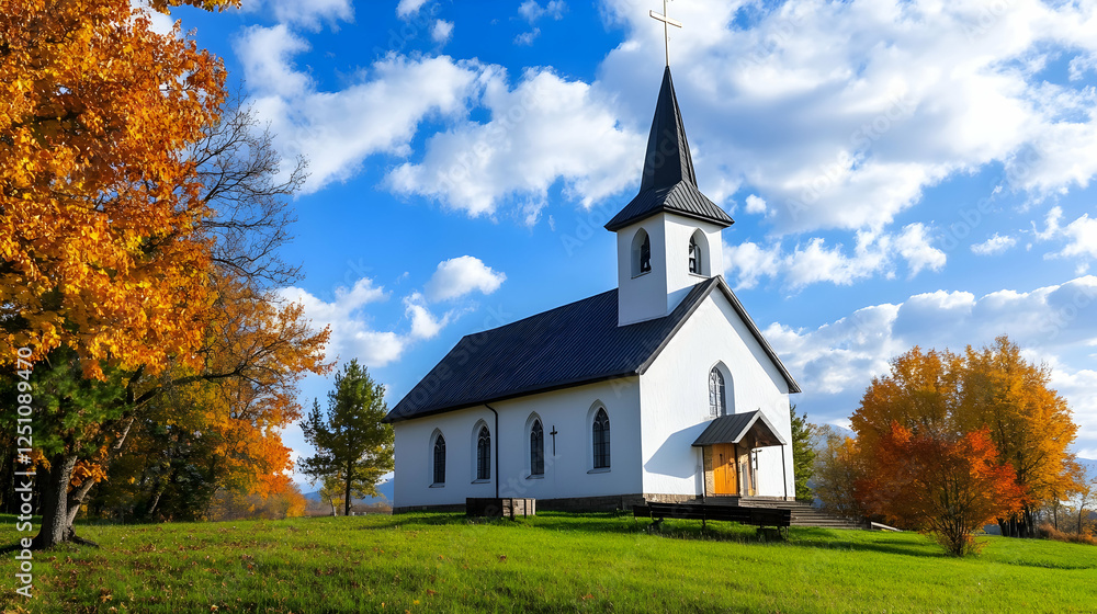 Rural church in autumn landscape with colorful trees against a bright cloudy sky, for travel, faith, or seasonal backgrounds Rural church in autumn landscape with colorful trees against a bright cloudy sky, for travel, faith, or seasonal backgrounds