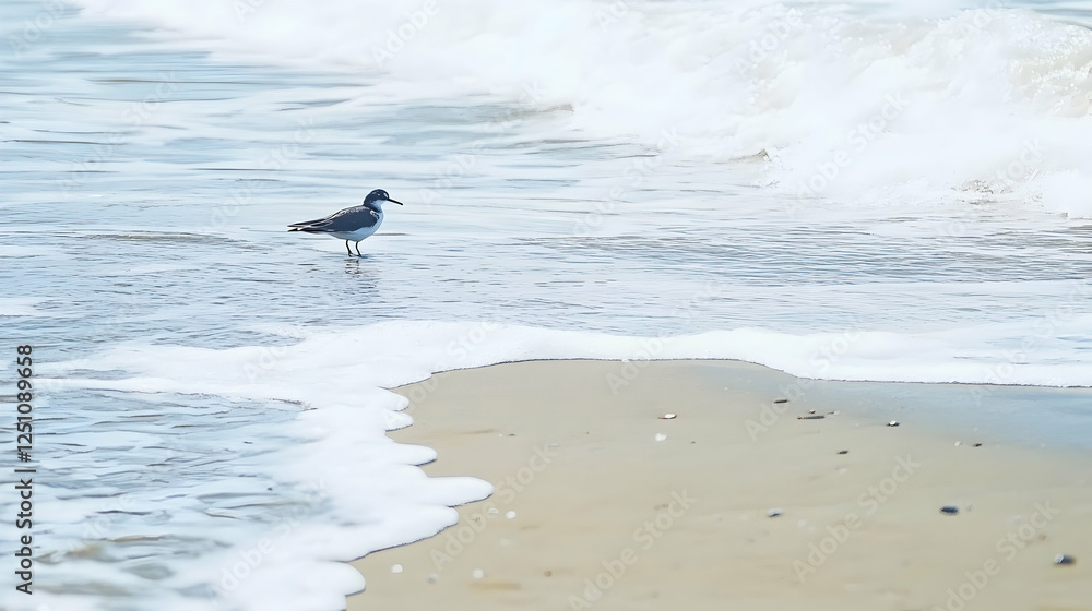 Sandpiper wading at the beach during daytime, waves crash in the background. Illustrative of nature, wildlife, travel, and sea Sandpiper wading at the beach during daytime, waves crash in the background. Illustrative of nature, wildlife, travel, and sea