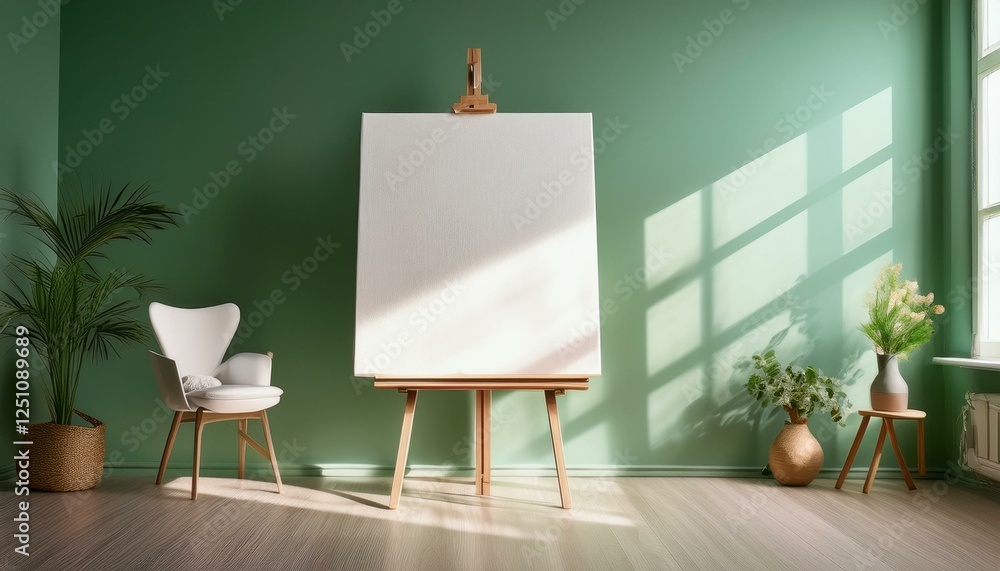 Fototapeta premium Generated image Minimalist Art Studio with Blank Canvas on Easel – Soft Green Walls, Natural Light, Modern Interior