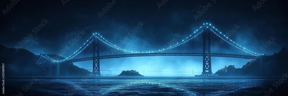 Fototapeta premium Illuminated Suspension Bridge in Fog, Night Cityscape with Blue Lights, Architectural Landmark