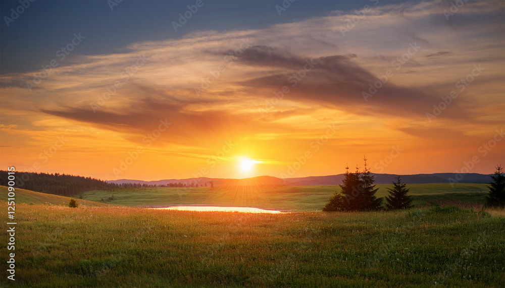 Fototapeta premium warm orange hues descend upon the landscape at dusk natural scenery warm glow calm evening