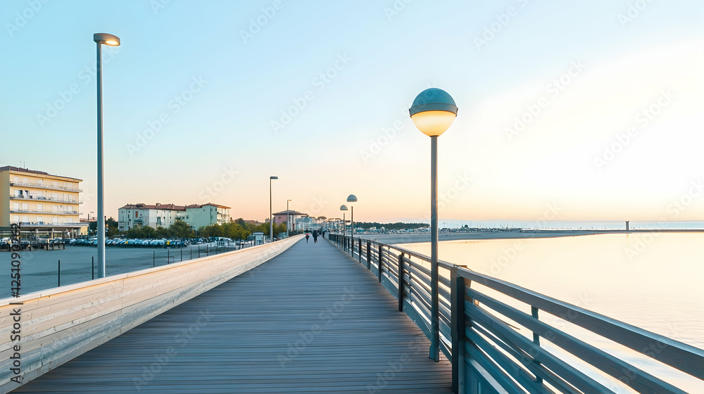 Seaside wooden pier, pedestrians walking. Calm sea background at sunset. For travel, holiday, and leisure publications Seaside wooden pier, pedestrians walking. Calm sea background at sunset. For travel, holiday, and leisure publications