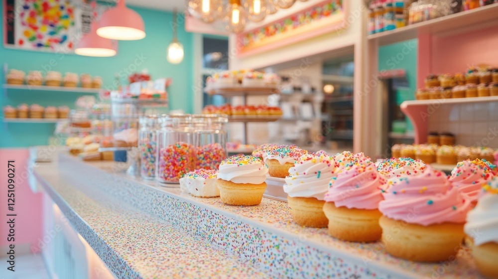 A bakery with pink and white cupcakes and colorful sprinkles. A bakery with pink and white cupcakes and colorful sprinkles.