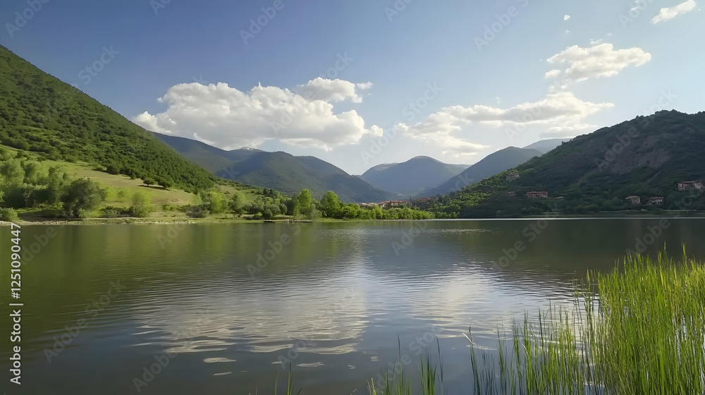 Serene lake reflects sky surrounded by lush green mountains, peaceful countryside for nature wallpaper or travel website Serene lake reflects sky surrounded by lush green mountains, peaceful countryside for nature wallpaper or travel website