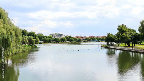 Serene lake scene with ducks swimming, cityscape backdrop. Scenic waterside view, idyllic recreation area. For travel or nature themes