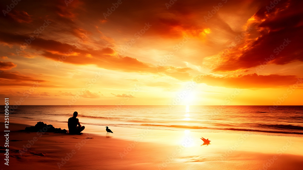 Serene silhouette sits on the sandy beach at sunset. Meditative state. Scenic background. Possible stock for wellness/travel concept Serene silhouette sits on the sandy beach at sunset. Meditative state. Scenic background. Possible stock for wellness/travel concept