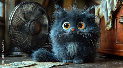 Fluffy kitten sitting on a dusty floor near a vintage fan in a cozy room