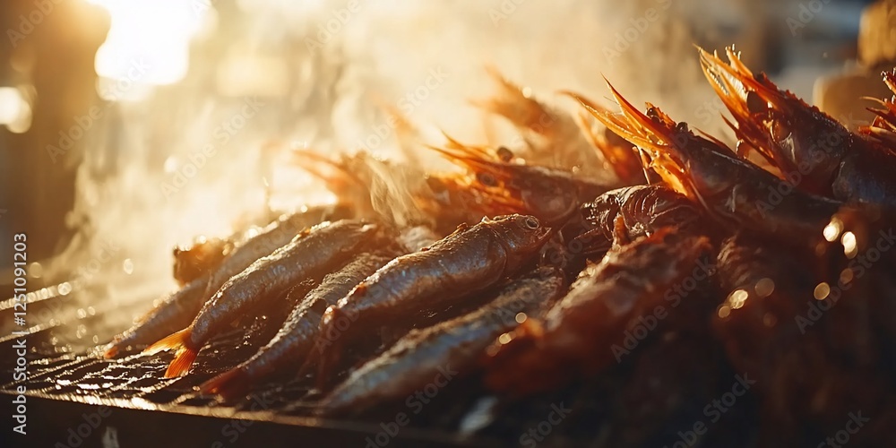 Grilled fish at sunset market. Delicious seafood Grilled fish at sunset market. Delicious seafood