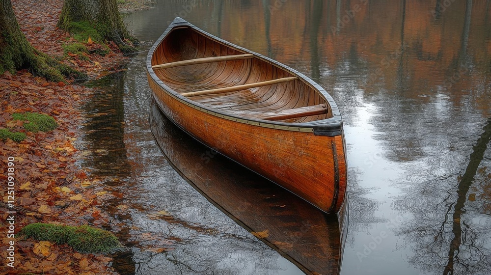 Wooden Canoe In Autumnal Lake Scene