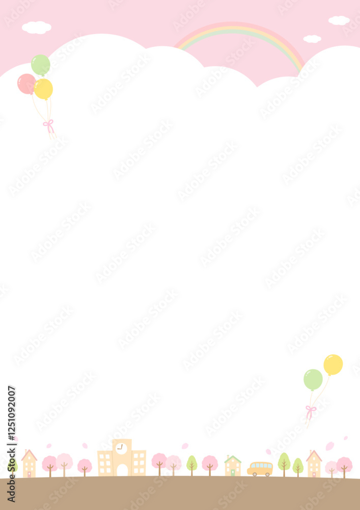 春の学校とスクールバスのあるおしゃれな街並みと桜の風景07 春の学校とスクールバスのあるおしゃれな街並みと桜の風景07