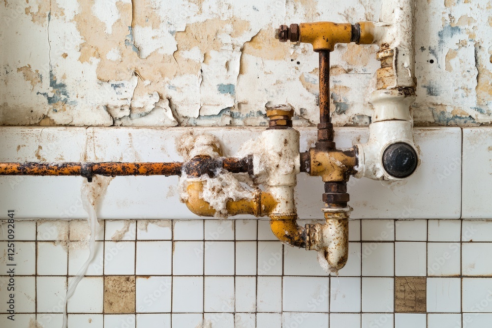 Disassembled bathroom sink pipes await repair in a neglected space with peeling paint. Generative AI Disassembled bathroom sink pipes await repair in a neglected space with peeling paint. Generative AI