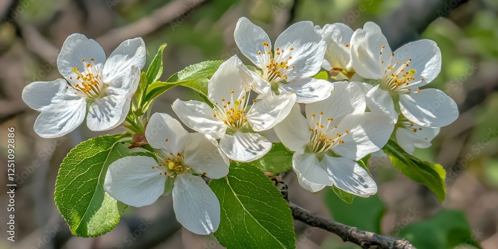 Fototapeta premium Springtime Bloom A Close-Up of Delicate White Flowers on a Branch, Lush Green Foliage