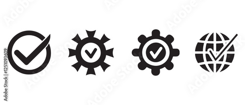 Quality assurance icons set with check mark symbol, gear settings, global certification, approved sign vector