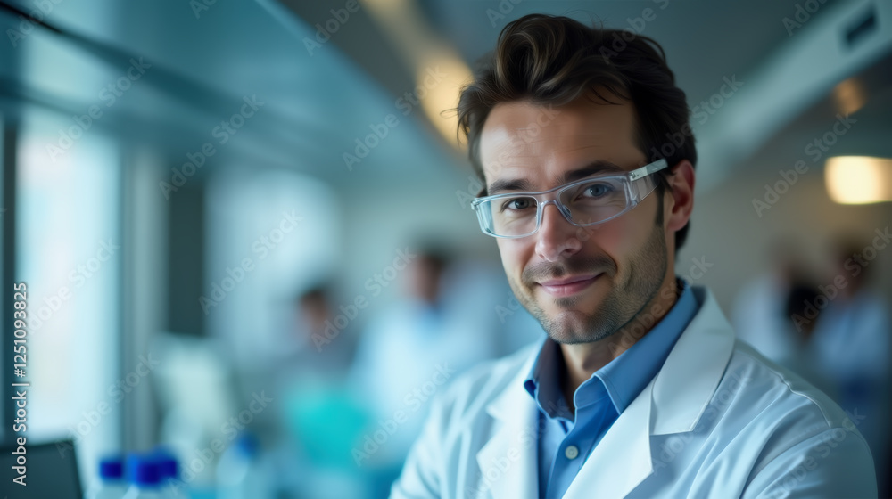 Male Researcher in white coat and safety glasses in a biomedical research laboratory. Scientist with Safety Glasses in a Research and Development Lab. Male Researcher in white coat and safety glasses in a biomedical research laboratory. Scientist with Safety Glasses in a Research and Development Lab.