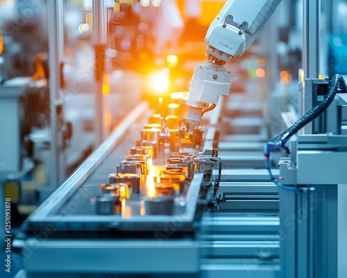 Wallpaper Mural Modern robotic arm assembling components in a bright factory with industrial precision and vibrant lighting Torontodigital.ca