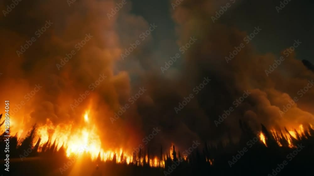 Fire in the forest at night firefighter standing and see the view Fire in the forest at night firefighter standing and see the view