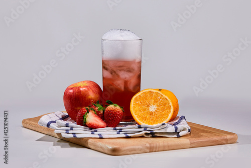 Strawberry, apple, orange mix with soft drink decorate with surrounding fruit.