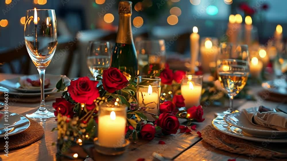 Elegant candlelit dinner setting with roses and glassware sparkling in warm ambiance Elegant candlelit dinner setting with roses and glassware sparkling in warm ambiance