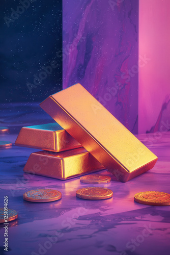 Discover the Allure of Gold: A Stunning Display of Wealth with Gleaming Bars and Coins Set Against a Mystical Background for Business and Investment Enthusiasts Everywhere. photo