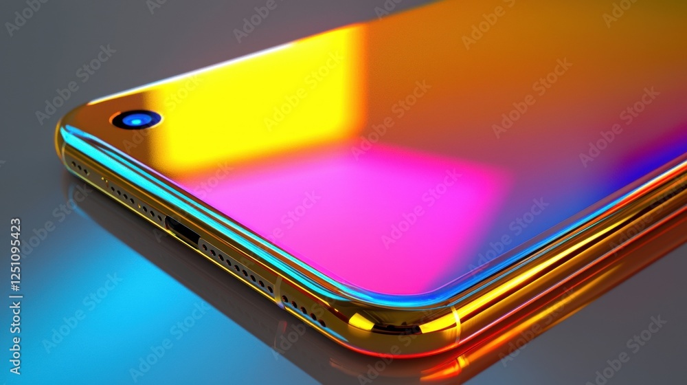 Close-up of a smartphone with a colorful gradient background. the phone is placed on a reflective surface, with the back of the phone facing towards the right side of the image. Close-up of a smartphone with a colorful gradient background. the phone is placed on a reflective surface, with the back of the phone facing towards the right side of the image.